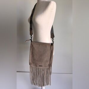 REBECCA MINKOFF Carly North South‎ Fringe Crossbody Tan Gray Aztec knit beaded